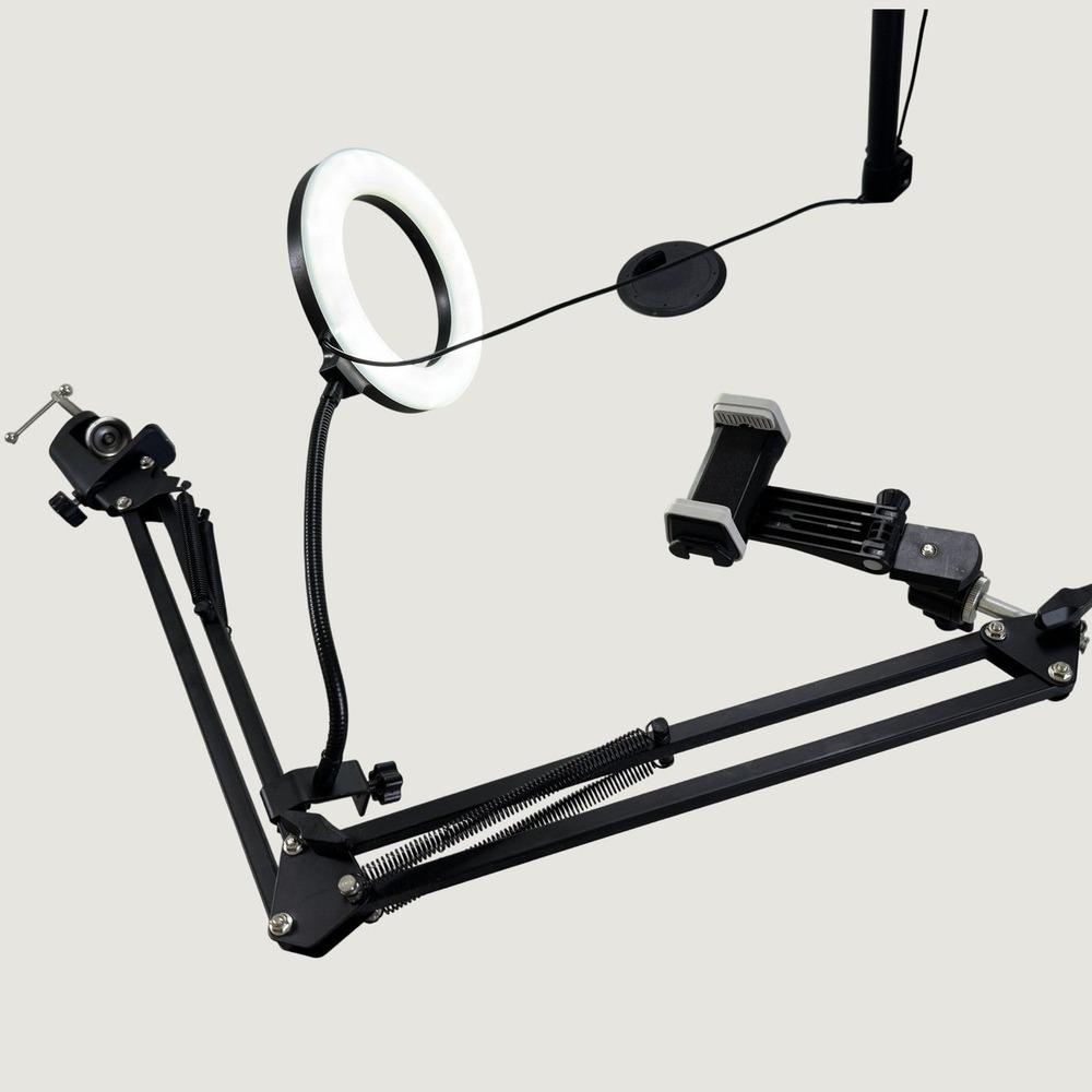 LED Ring Light with Scissor Arm Stand Phone Holder Desktop C-Clamp Mount Black - Picture 6 of 10